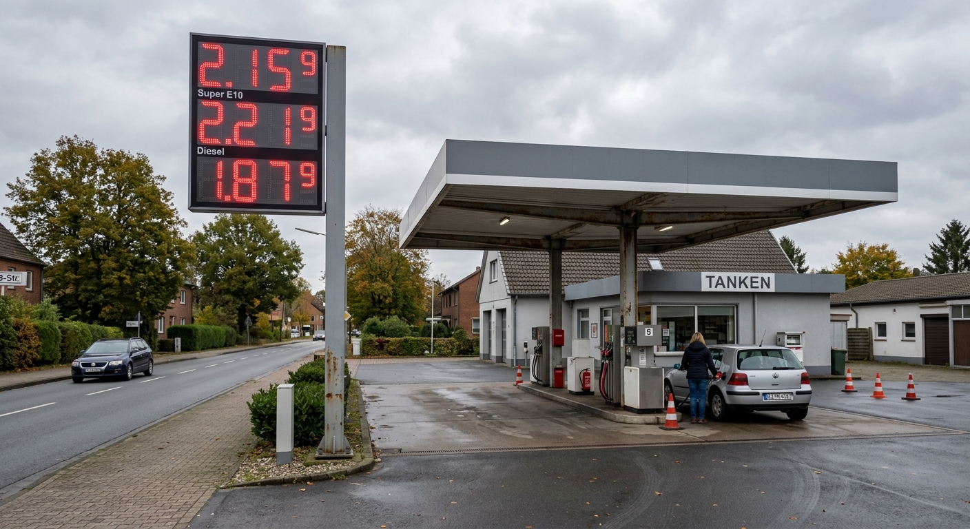 Deutsche Tankstelle mit hohen Spritpreisen für Super E10 und Diesel